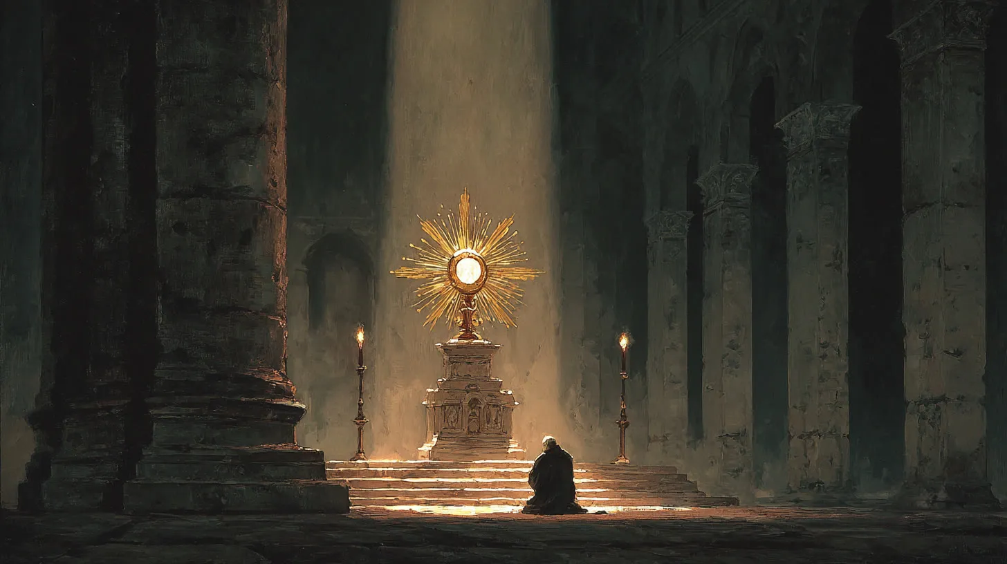 A lone figure kneeling in prayer before a golden monstrance illuminated by a shaft of light in a dark cathedral